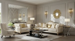 Backlit mirrors and shiny accents