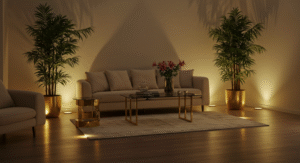 Floor uplights on big plants or corners
