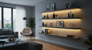 LED cove lights for floating shelves living room