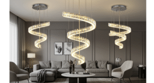 Adjustable pendant lamps over coffee tables