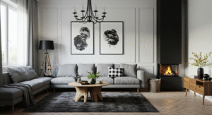 Black + white with wood tones living room