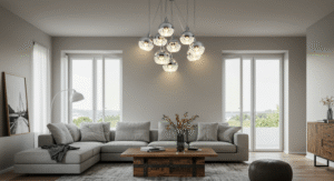 Clustered ceiling pendant sets living room