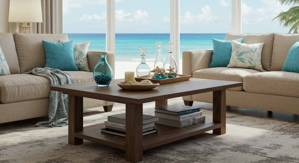 Coastal or beach-inspired accents living room