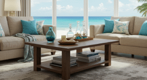 Coastal or beach-inspired accents living room