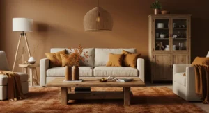 Earthy layering with natural wood living room