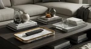 Faux books and multi-use trays living room