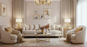 Frosted blush and gold living room