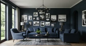 Gallery-style black & navy living room