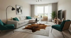 Layered large rugs for contrast of texture