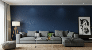 Navy blue feature wall living room