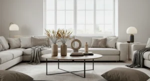 Round tables with symmetrical displays living room
