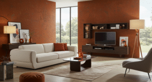 Rust-orange + ivory living room