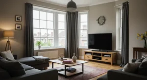 TV Between Bay Windows living room