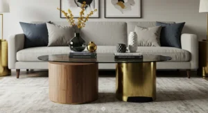 Texture contrast using wood, glass or brass