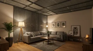 living room , Corrugated Metal Ceilings